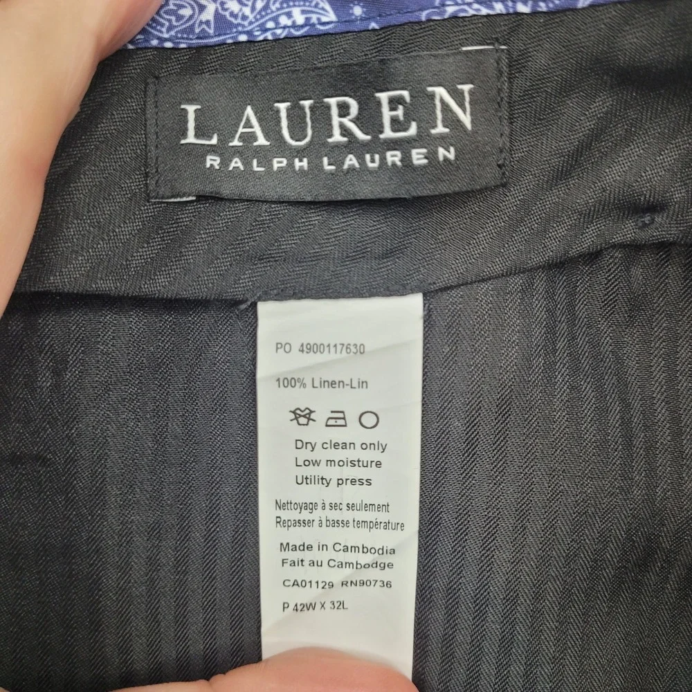 Lauren Ralph Lauren Dress Pants Mens 42x32 Navy Blue 100% Linen Flat Front